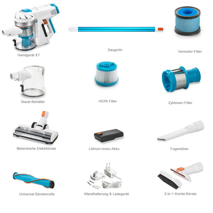 Genius Invictus X7 Set 13tlg Akku Staubsauger Handstaubsauger mit LED beutellos kabellos für Allergiker Tierhaare; A28015
