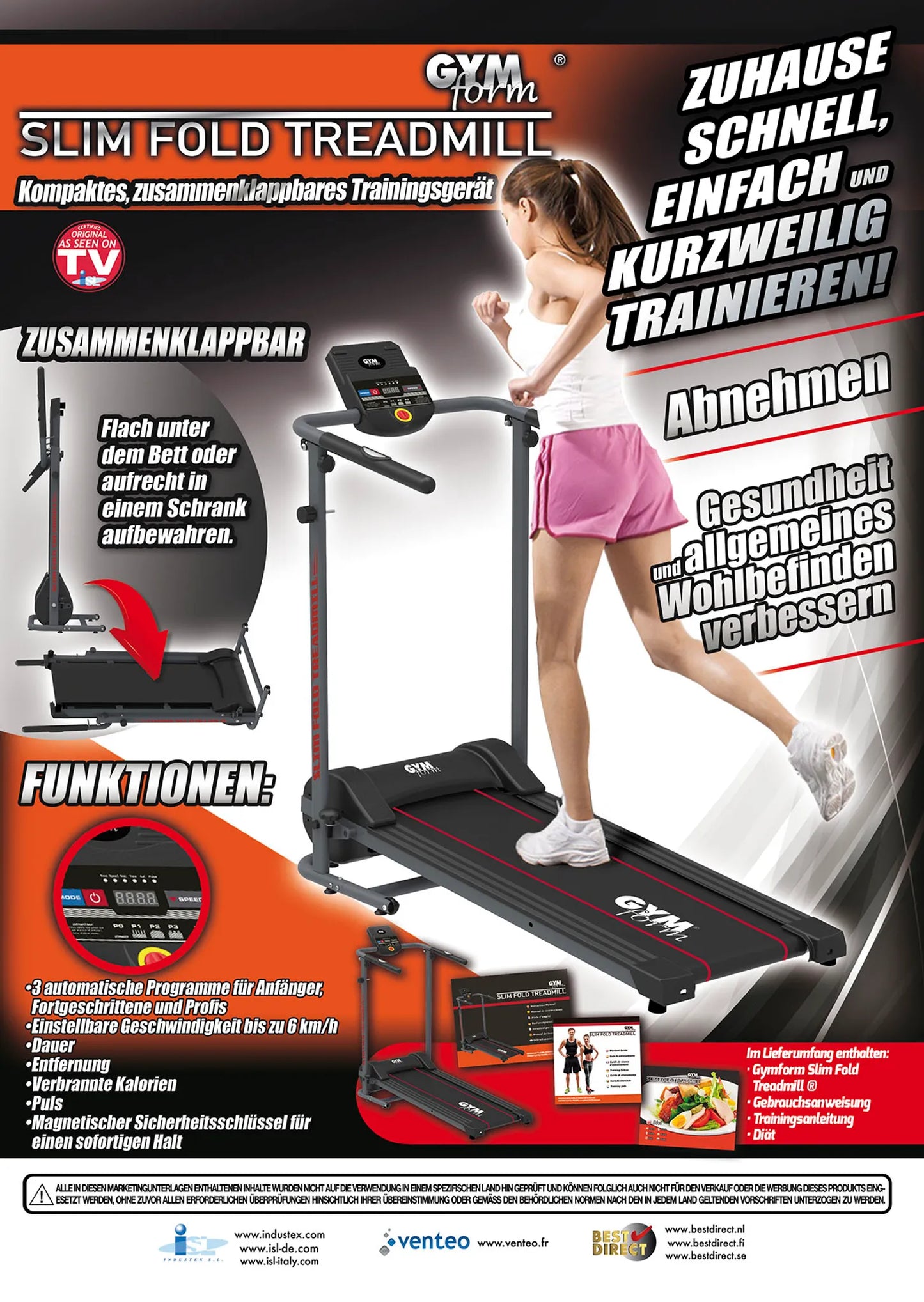 Gymform® Slim Fold Treadmill - kompaktes, zusammenklappbares Laufband, Fitnessgerät 6 km/h, 3 Programme sowie 3 variabel einstellbare Geschwindigkeiten bis 110 kg – Aus der TV Werbung