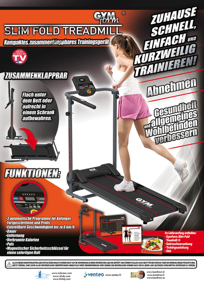 Gymform® Slim Fold Treadmill - kompaktes, zusammenklappbares Laufband, Fitnessgerät 6 km/h, 3 Programme sowie 3 variabel einstellbare Geschwindigkeiten bis 110 kg – Aus der TV Werbung