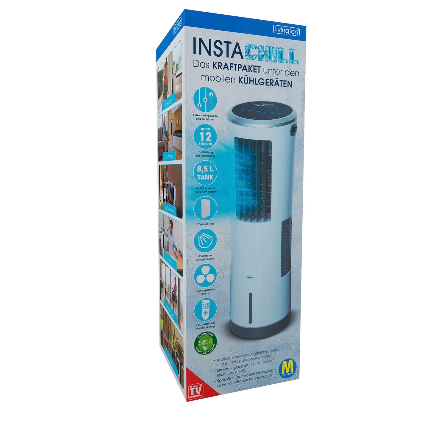 Livington InstaChill - Mobiler Luftkühler mit Wasserkühlung, 3 Kühlstufen, 8,5 L Tank, 12 Stunden Kühlung, Fernbedienung und Luftbefeuchter - B-Ware