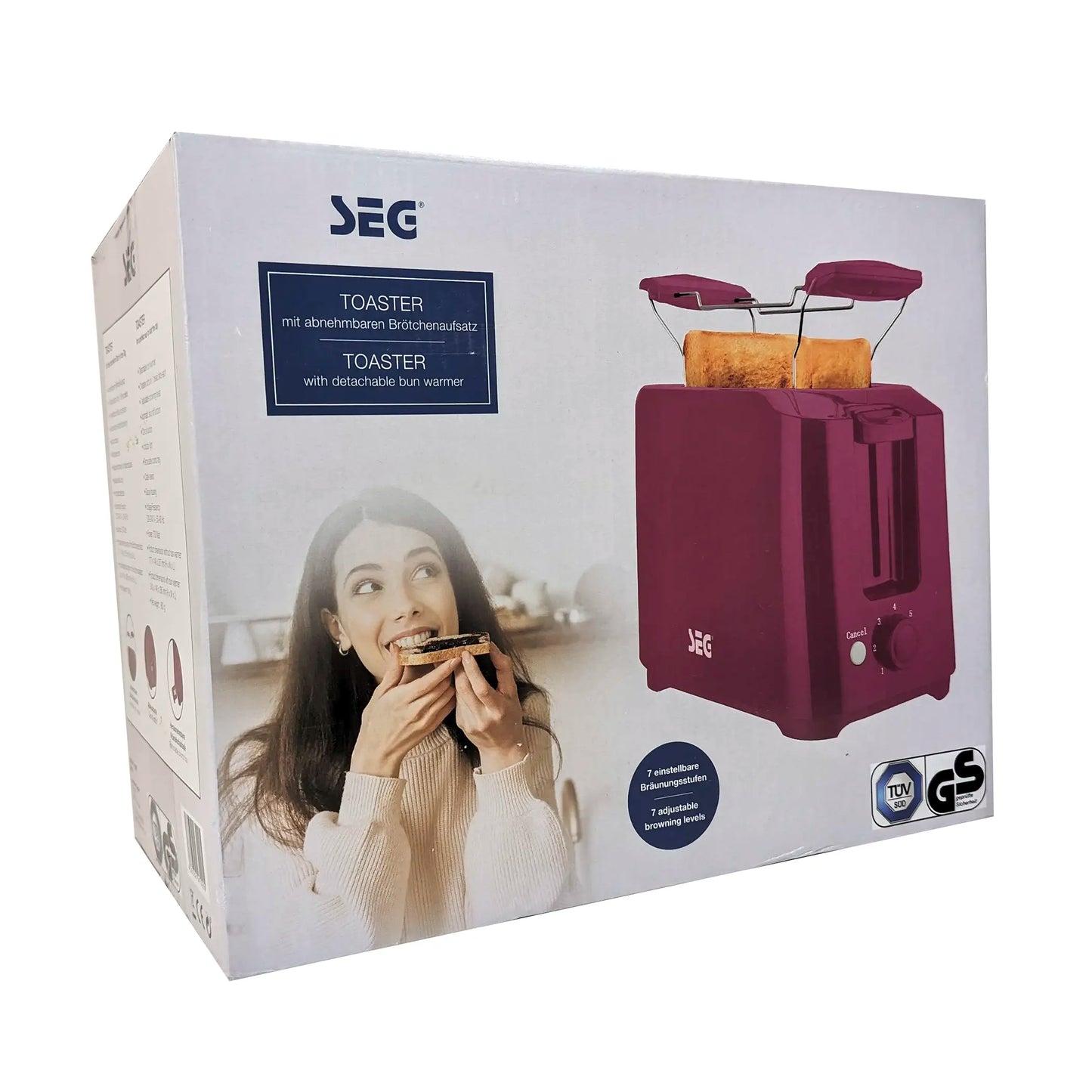 SEG Toaster mit abnehmbaren Brötchenaufsatz und 7 einstellbaren Bräunungsstufen 700 Watt in Pink